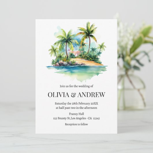 Waterverf Palm Tree Beach Tropical Island Huwelijk Kaart (Staand voorkant)
