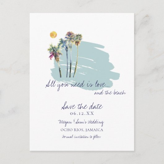Waterverf Palm Tree Beach Wedding Save the Date Aankondigingskaart (Voorkant)