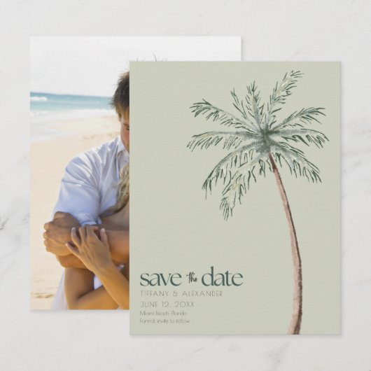 Waterverf Palm Tree Foto Strand Wedding Save The Date (Voorkant / Achterkant)