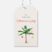 Waterverf Palm Tree Ornamenten Kerstmis in juli Cadeaulabel (Voorkant)