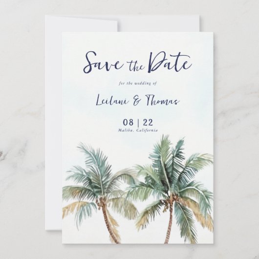 Waterverf Palm Tree Tropical Beach Wedding Save The Date (Voorkant)