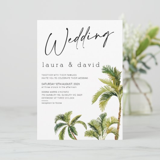 Waterverf Palm Tree Wedding Kaart (Staand voorkant)
