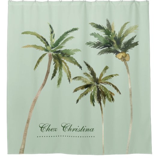 Waterverf Palm Trees Elegant Typografie Tropisch Douchegordijn (Voorkant)