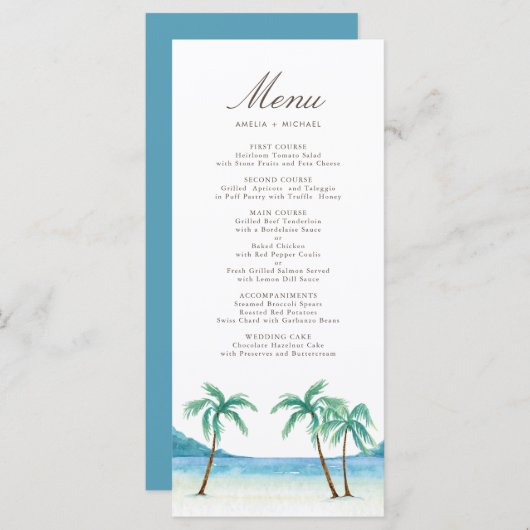 Waterverf Palm Trees Tropical Beach Wedding Menu (Voorkant / Achterkant)