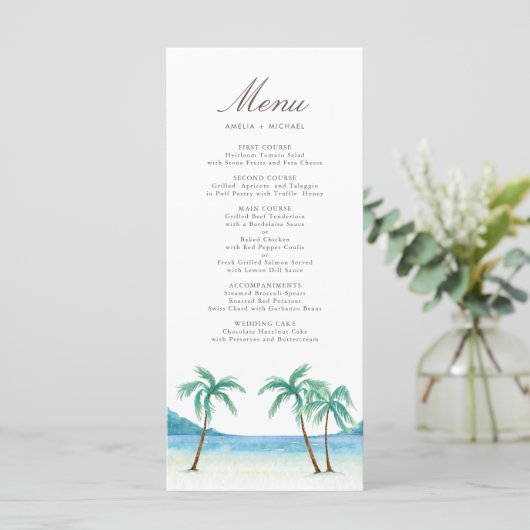 Waterverf Palm Trees Tropical Beach Wedding Menu (Staand voorkant)