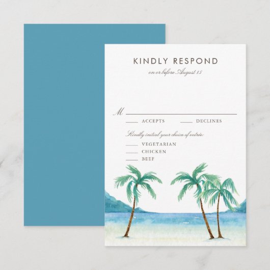 Waterverf Palm Trees Tropical Beach Wedding RSVP Kaartje (Voorkant / Achterkant)