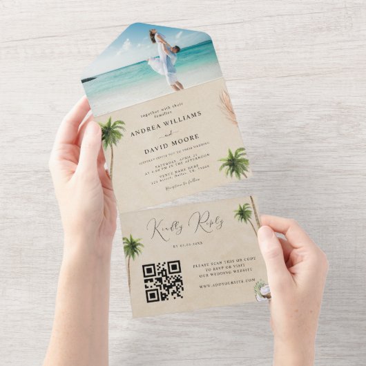 Waterverf Palm Trees Tropical Sand Beach Wedding All In One Uitnodiging (Afscheurbaar)