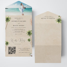 Waterverf Palm Trees Tropical Sand Beach Wedding All In One Uitnodiging