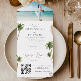 Waterverf Palm Trees Tropical Sand Beach Wedding All In One Uitnodiging