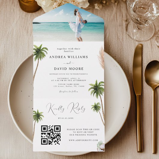 Waterverf Palm Trees Tropical Sand Beach Wedding All In One Uitnodiging