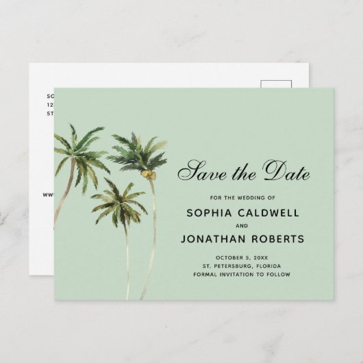 Waterverf Palm Trepical Save the Date Aankondigingskaart (Voorkant / Achterkant)