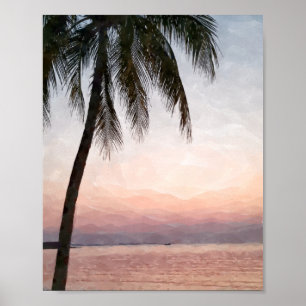 Waterverf Palm Tropical Beach Sunset Poster