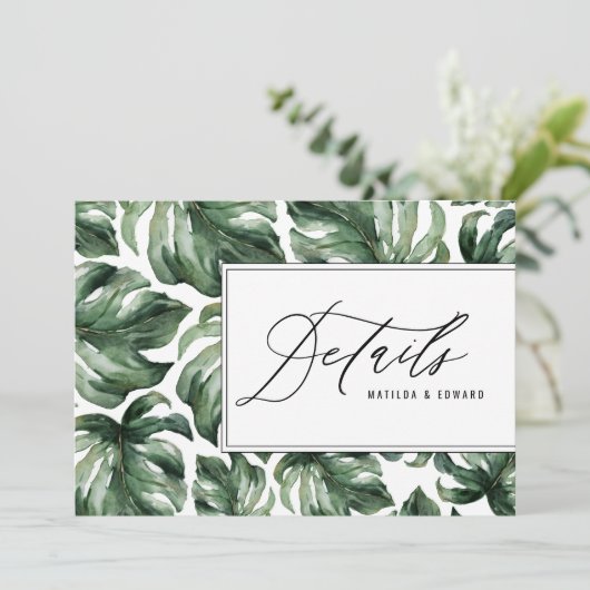 Waterverf palmblad gebloemde trouwdetails aankondiging (Staand voorkant)