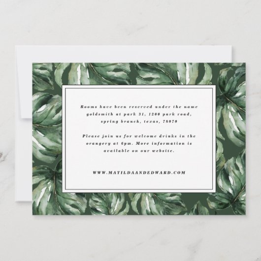 Waterverf palmblad gebloemde trouwdetails aankondiging (Achterkant)