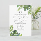 Waterverf palmblad tropische bruiloft uitnodiging (Staand voorkant)