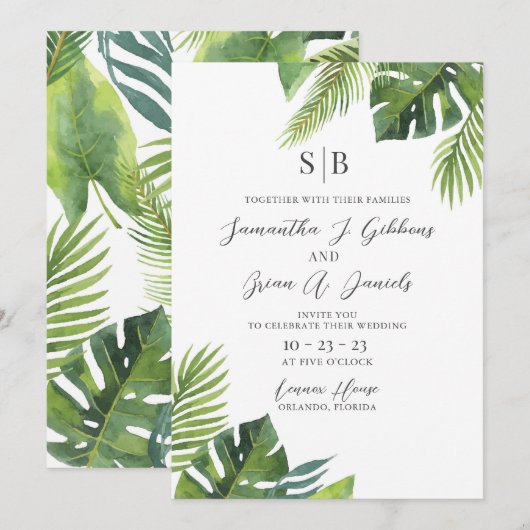 Waterverf palmblad tropische bruiloft uitnodiging (Voorkant / Achterkant)