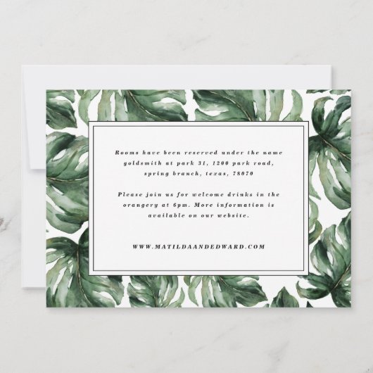 Waterverf palmbladeren en goudtrouwdetails aankondiging (Achterkant)