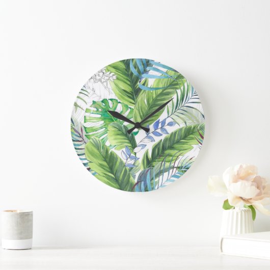 Waterverf palmbladeren, exotische naadloze achterg grote klok (Huis)