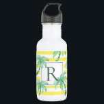 Waterverf palmbomen en geel gestreept monogram waterfles<br><div class="desc">Zomer palmbomen en strepen patroon monogram fles.</div>