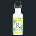 Waterverf palmbomen en geel gestreept monogram waterfles<br><div class="desc">Zomer palmbomen en strepen patroon monogram fles.</div>