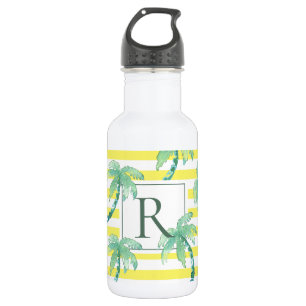 Waterverf palmbomen en geel gestreept monogram waterfles