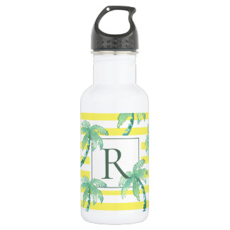 Waterverf palmbomen en geel gestreept monogram waterfles 
