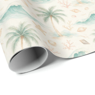 Waterverf palmbomen, schelpen, zeesterren, koraal cadeaupapier