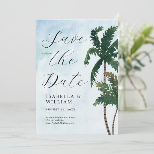 Waterverf palmbomen sparen de datum save the date (Staand voorkant)