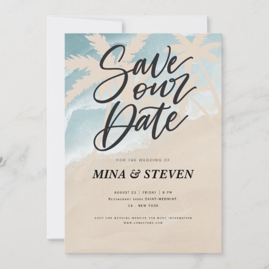 Waterverf palmbomen strand bruiloft save the date (Voorkant)