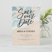 Waterverf palmbomen strand bruiloft save the date (Staand voorkant)