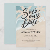 Waterverf palmbomen strand bruiloft save the date (Voorkant / Achterkant)
