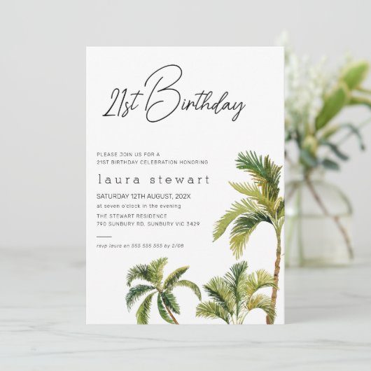 Waterverf palmboom 21e uitnodiging op zaterdag (Staand voorkant)