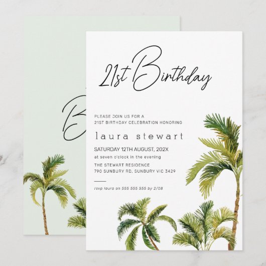 Waterverf palmboom 21e uitnodiging op zaterdag (Voorkant / Achterkant)