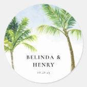 Waterverf palmboom Beach Weddenschap Ronde Sticker (Voorkant)