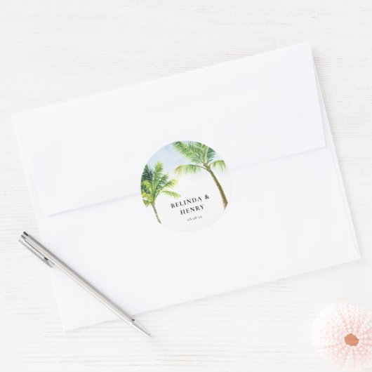 Waterverf palmboom Beach Weddenschap Ronde Sticker (Envelop)