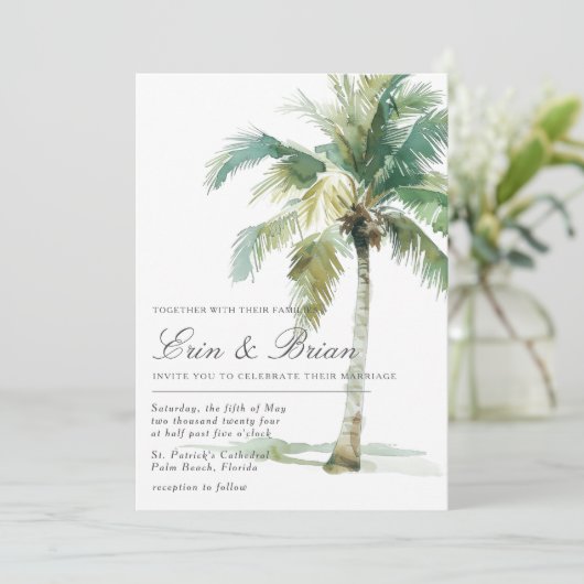 Waterverf palmboom bruiloft uitnodiging geschilder (Staand voorkant)