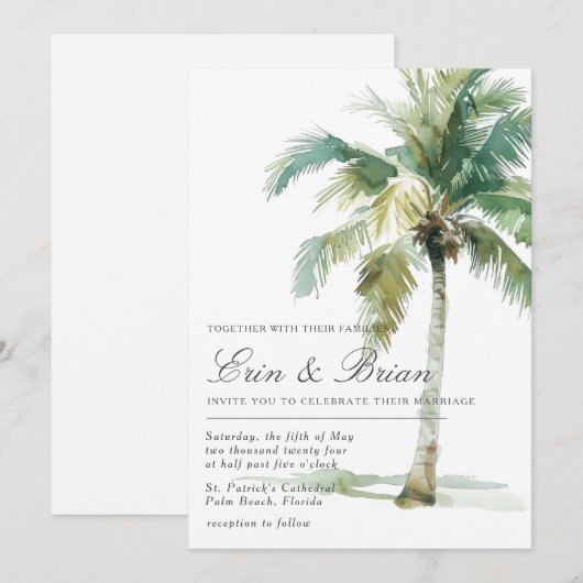 Waterverf palmboom bruiloft uitnodiging geschilder (Voorkant / Achterkant)