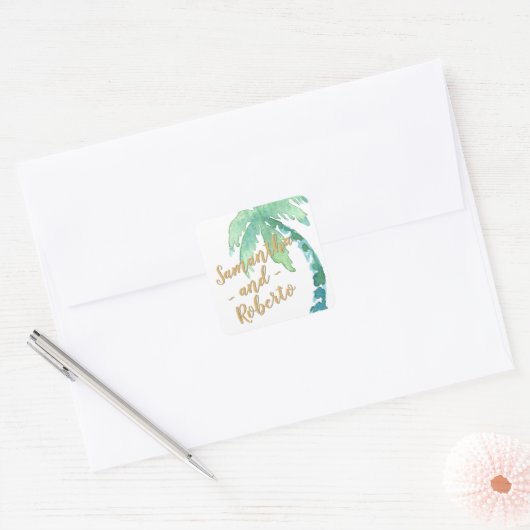 Waterverf palmboom gunst vierkante sticker (Envelop)