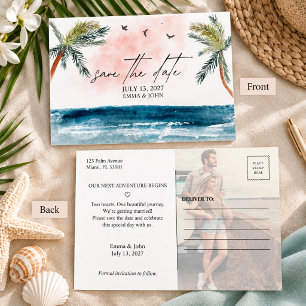 Waterverf Palmboom Strand Bruiloft Save The Date Aankondigingskaart