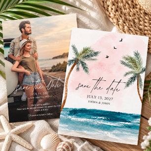 Waterverf Palmboom Strand Foto Overlay Bruiloft Save The Date
