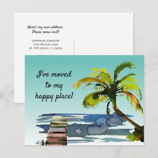 Waterverf palmboom verplaatst naar mijn gelukkige  aankondigingskaart (Voorkant / Achterkant)