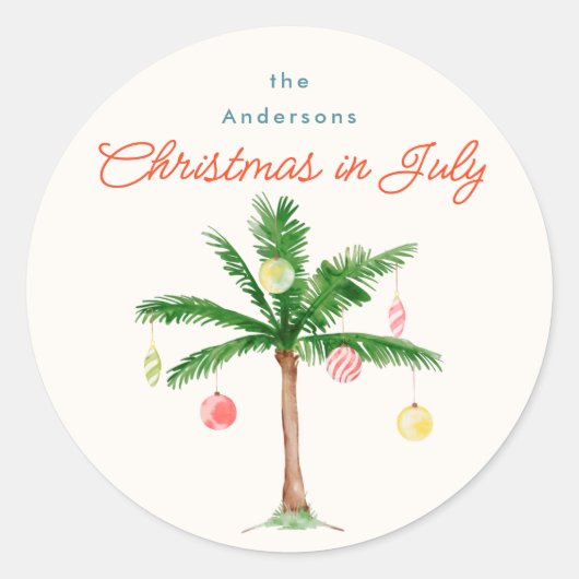 Waterverf Palmboom Xmas in juli BBQ Zomerfeest Ronde Sticker (Voorkant)