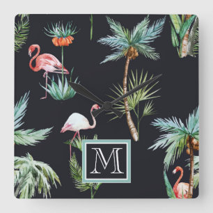 Waterverf palmpatroon   Voeg je Initiaal toe Vierkante Klok