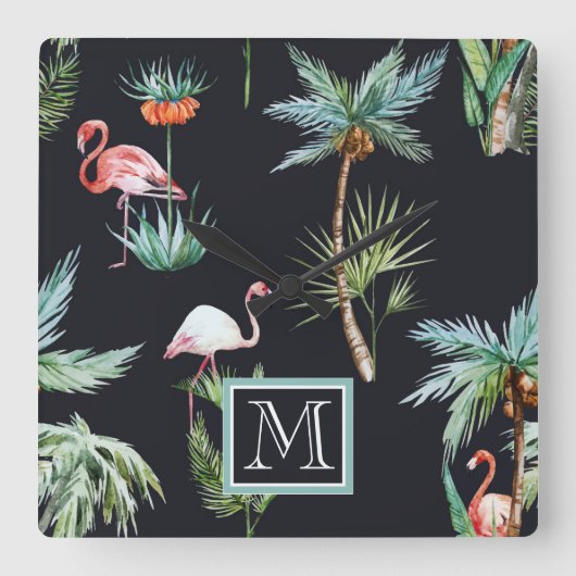 Waterverf palmpatroon | Voeg je Initiaal toe Vierkante Klok (Voorkant)