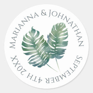Waterverf Palms en Slate Wedding Ronde Sticker