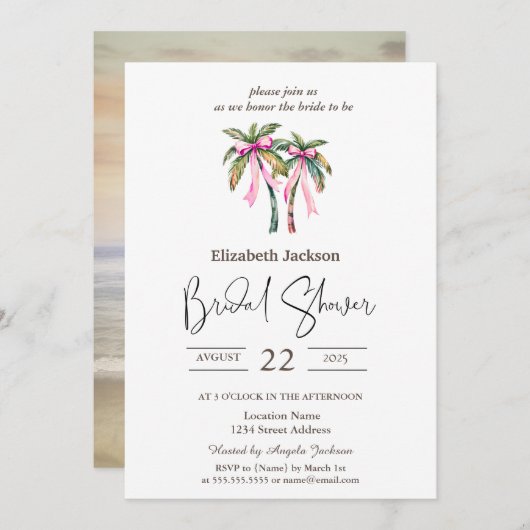 Waterverf Palms Pink Bow Beach Vrijgezellenfeest Kaart (Voorkant / Achterkant)