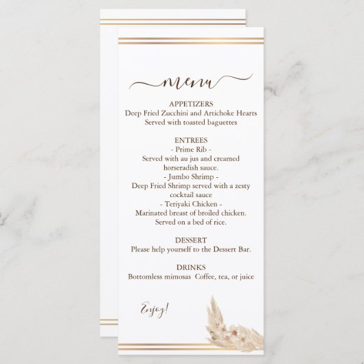 Waterverf Pampa Grass Wedding Menu (Voorkant / Achterkant)