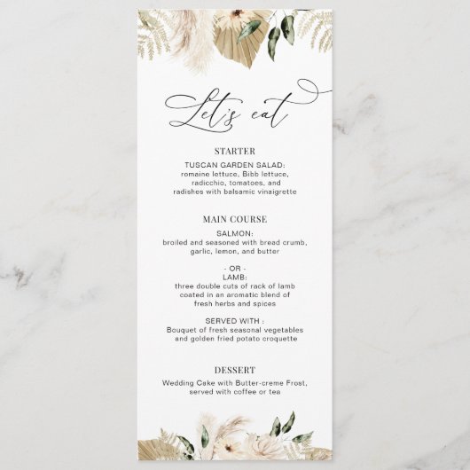 waterverf pampas bloemenbruiloft menu (Voorkant)