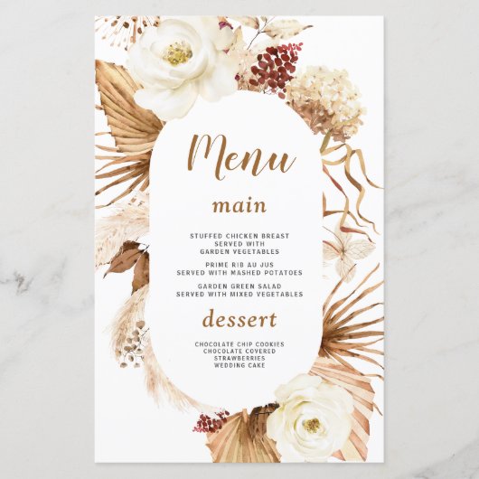 Waterverf Pampas Gras Ivoor Bloemen Menu (Voorkant)