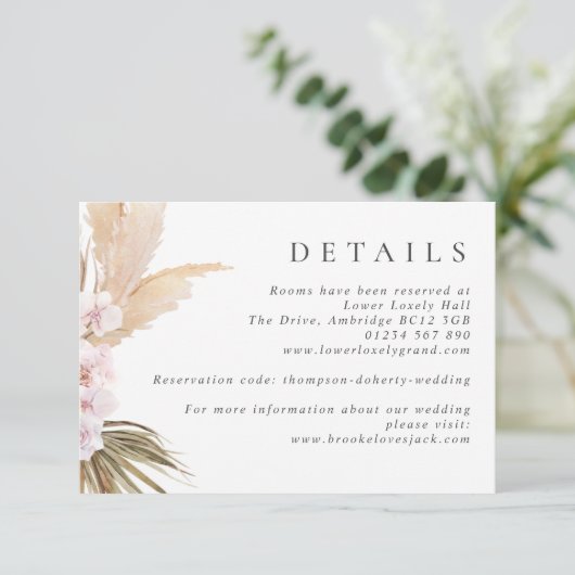 Waterverf Pampas Grass & Flowers Boho Wedding Informatiekaartje (Staand voorkant)
